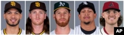Los peloteros (izq. a der.), Tucupita Marcano, Jay Groome, Michael Kelly, José Rodríguez y Andrew Saalfrank, supendidos por MLB por apostar en juegos de béisbol, el 4 de junio de 2024.