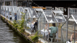 Klientët drekojnë të mbyllur në kuti xhami në restorantin Mediamatic në Amsterdam, Hollandë