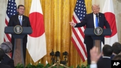 President Donald Trump answers questions during a news conference with Japan's Prime Minister Shigeru Ishiba at the White House, Feb. 7, 2025, in Washington. 