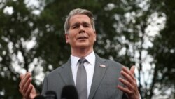 FILE PHOTO: Scott Bessent speaks the White House in Washington.