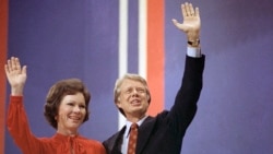 FILE - In this July 15, 1976 file photo Jimmy Carter with Wife Rosalynn Carter at the National Convention in Madison Square Garden in New York. Jimmy Carter and his wife Rosalynn celebrate their 75th anniversary this week on July 7, 2021. (AP Photo)