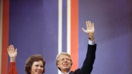 FILE - In this July 15, 1976 file photo Jimmy Carter with Wife Rosalynn Carter at the National Convention in Madison Square Garden in New York. Jimmy Carter and his wife Rosalynn celebrate their 75th anniversary this week on July 7, 2021. (AP Photo)