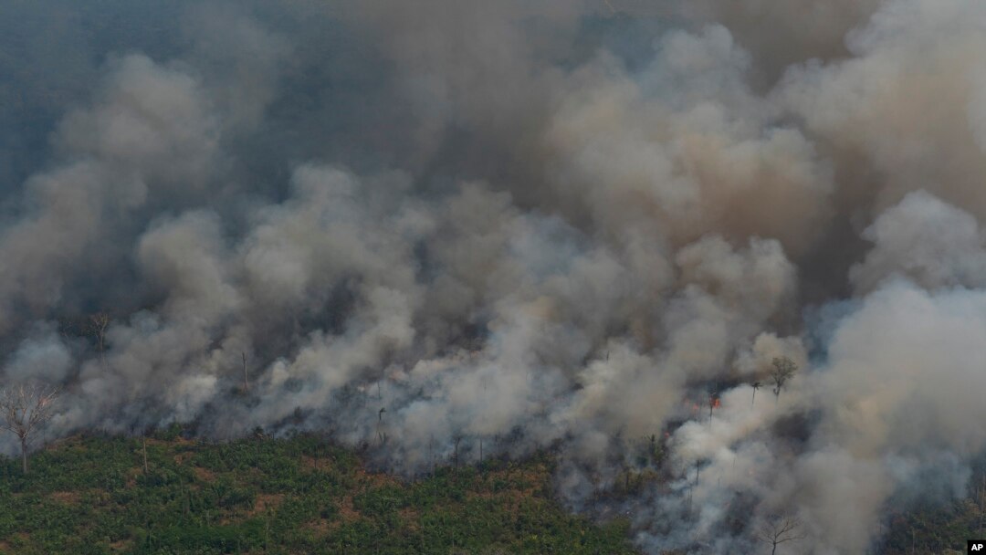 Wildfires consume an area near Porto Velho, Brazil, Aug. 23, 2019. Brazilian state experts have reported a record of nearly 77,000 wildfires so far this year, up 85% over the same period in 2018. 