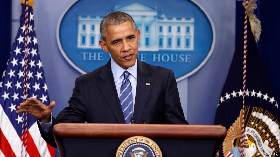 President Barack Obama speaks during a news conference in the briefing room of the White House in Washington, Dec. 16, 2016. 