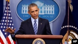 President Barack Obama speaks during a news conference in the briefing room of the White House in Washington, Dec. 16, 2016. 