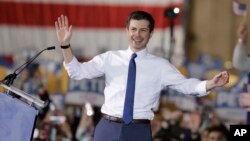 FILE - South Bend Mayor Pete Buttigieg announces that he will seek the Democratic presidential nomination during a rally in South Bend, Ind., April 14, 2019.