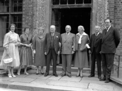 FILE - The Churchill family turns out in force to welcome former President Harry S. Truman and first lady Bess Truman to Chartwell, the former British Prime Minister’s English countryside estate,June 24, 1956.