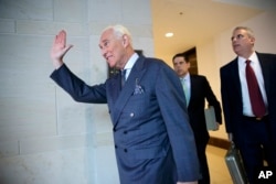 FILE - Longtime Donald Trump associate Roger Stone arrives to testify as part of the House Intelligence Committee's investigation into Russian meddling in the 2016 election, in Washington, Sept. 26, 2017.