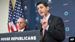 House Speaker Paul Ryan (R) speaks to reporters on Capitol Hill in Washington, Nov. 17, 2015, following a Republican strategy session on the Obama administration's refugee admission policies.