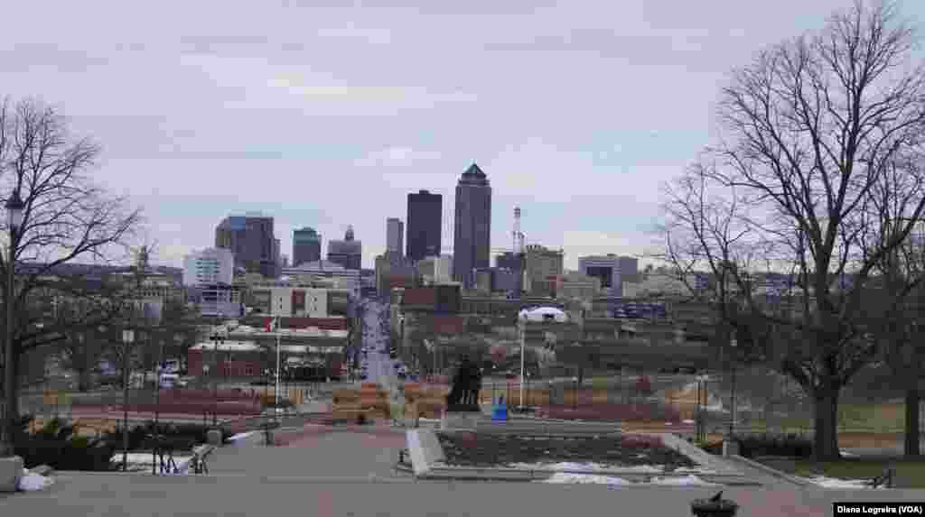 Looking west from the Iowa State Capitol steps shows a view of downtown Des Moines. Iowa's first-in-the-nation caucuses kick off the U.S. primary election season Monday.