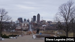 Looking west from the Iowa State Capitol steps shows a view of downtown Des Moines. Iowa's first-in-the-nation caucuses kick off the U.S. primary election season Monday.