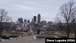 Looking west from the Iowa State Capitol steps shows a view of downtown Des Moines. Iowa's first-in-the-nation caucuses kick off the U.S. primary election season Monday.