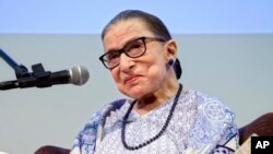 FILE - U.S. Supreme Court Justice Ruth Bader Ginsburg speaks after the screening of "RBG," the documentary about her, in Jerusalem, July 5, 2018. 