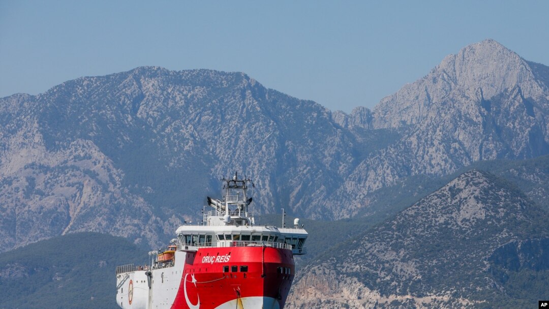 FILE - Turkey's exploratory vessel, the Oruc Reis, is seen anchored in the Mediterranean, off the coast of Antalya, Turkey, July 24, 2020.