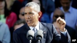 FILE - A May 8, 2015, photo shows President Barack Obama speaking at Nike headquarters in Beaverton, Oregon.