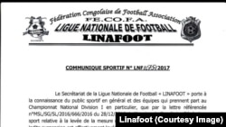 Communiqué de la Ligue nationale de football (Linafoot), 3 janvier 2017