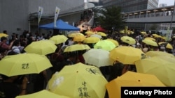 香港民众政府总部外集会撑起象征雨伞革命的黄伞，纪念争取真普选的雨伞运动4周年。 (2018年9月28日苹果日报图片)