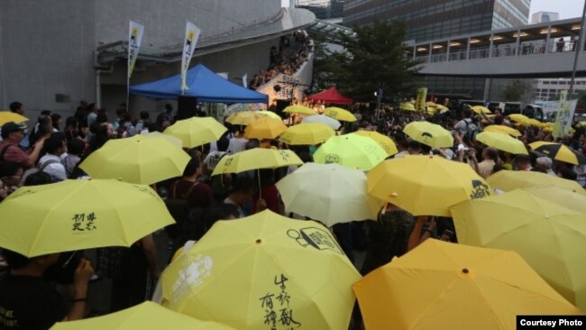 香港民众政府总部外集会撑起象征雨伞革命的黄伞,纪念争取真普选的雨伞运动4周年。 (2018年9月28日苹果日报图片)