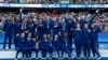 The United States team players celebrate with their gold medals during the medal ceremony after the women's soccer gold medal match between Brazil and the U.S. at the Parc des Princes, Aug. 10, 2024, in Paris