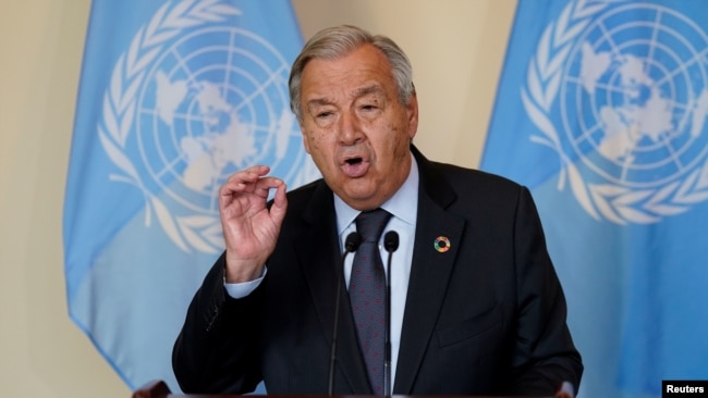 Antonio Guterres, Secretary General of the United Nations, speaks to reporters during the 76th Session of the U.N. General Assembly in New York, September 20, 2021.