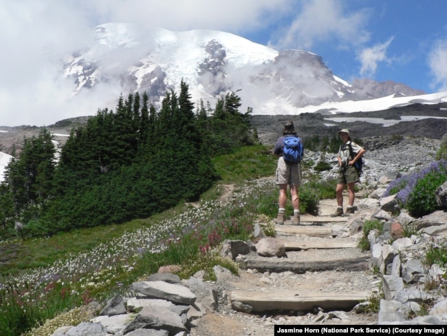 People begin a hike at Mount Rainier National Park