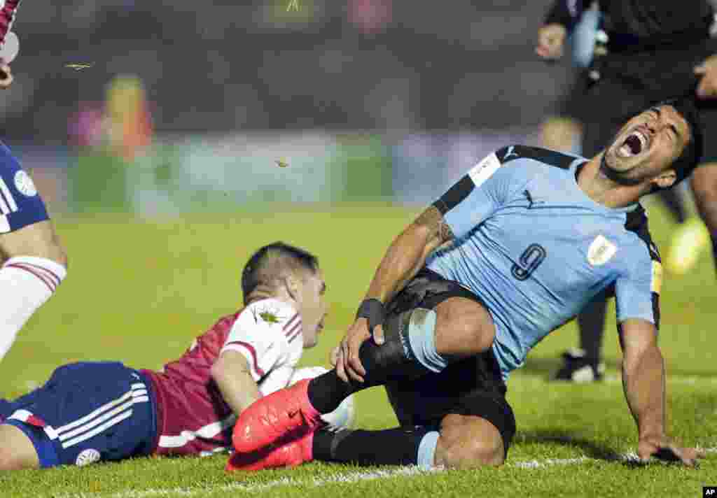 Luis Suarez of Uruguay, right, reacts after being fouled in the penalty area during a 2018 World Cup qualifying soccer match against Paraguay in Montevideo, Uruguay, Sept. 6, 2016.