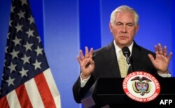 FILE - U.S. Secretary of State Rex Tillerson speaks during a press conference in Bogota, Colombia, Feb. 6, 2018.