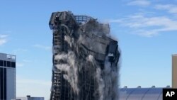 The former Trump Plaza casino is imploded on Feb. 17, 2021, in Atlantic City, N.J. After falling into disrepair, the one-time jewel of former President Donald Trump's casino empire is reduced to rubble clearing way for a prime development opportunity.