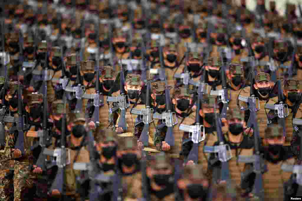 Salvadorean soldiers take part in a deployment ceremony for the Territorial Control plan in San Salvador, El Salvador, July 19, 2021.