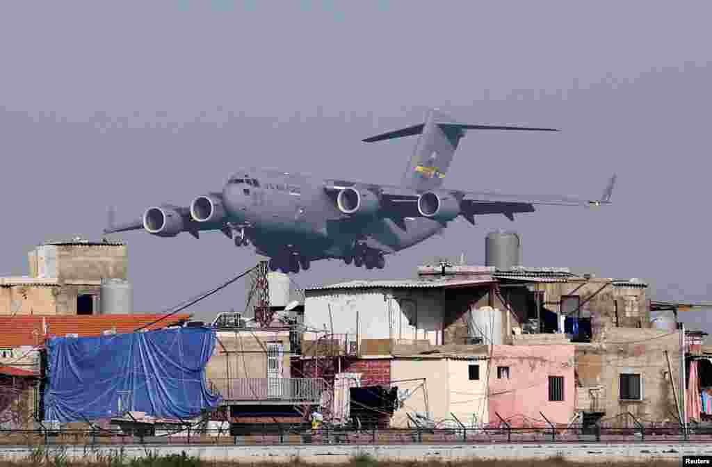A U.S. Air Force aircraft lands at Beirut International Airport, Lebanon.