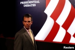 FILE - Donald Trump Jr., son of then-presidential candidate Donald Trump, arrives for the third and final debate between the Republican U.S. presidential nominee and Democratic nominee Hillary Clinton in Las Vegas, Nevada, Oct. 19, 2016.