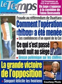 La Une du journal ivoirien Le Temps, en Côte d'Ivoire, le 2 novembre 2016.