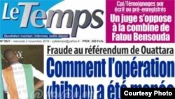 La Une du journal ivoirien Le Temps, en Côte d'Ivoire, le 2 novembre 2016.