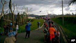 Des victimes de l'ouragan Maria portent des vivres, apportés par des hélicoptères sur l'île de Porto Rico, le 7 octobre 2017.