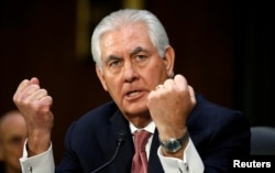 FILE - Rex Tillerson, the former chairman and chief executive officer of ExxonMobil, testifies during a Senate Foreign Relations Committee confirmation hearing to become U.S. Secretary of State on Capitol Hill in Washington, D.C., Jan. 11, 2017.