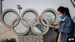 Các vòng tròn Olympic tại Sân vận động Quốc gia, còn được gọi là 'Tổ chim', địa điểm chính của Thế vận hội Bắc Kinh 2008 ở Bắc Kinh. (Ảnh tư liệu)