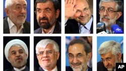 Foto delapan calon presiden Iran yang dijadwalkan akan mengikuti "Debat Capres Iran 2013" Jumat 31 Mei 2013 (dari kiri atas, searah putaran jarum jam): Mohammad Gharazi, Mohsen Rezaei, Mohammad Bagher Qalibaf, Gholam Ali Haddad Adel, Hasan Rowhani, Mohammad Reza Aref, Ali Akbar.