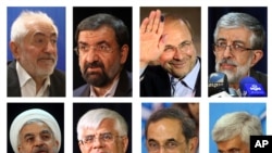 A combination of eight pictures shows the eight candidates approved for Iran's June 14 presidential election. (Clockwise from L) Mohammad Gharazi, Mohsen Rezaei, Mohammad Bagher Qalibaf, Gholam Ali Haddad Adel, Hasan Rowhani, Mohammad Reza Aref, Ali Akbar