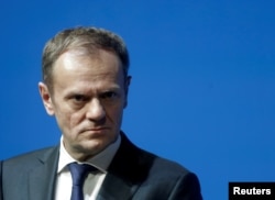 European Council President Donald Tusk listens during a news conference in Tallinn, Estonia, Jan. 31, 2017. Tusk said in a letter to EU leaders that "the change in Washington puts the European Union in a difficult situation, with the new administration seeming to put into question the last 70 years of American foreign policy."