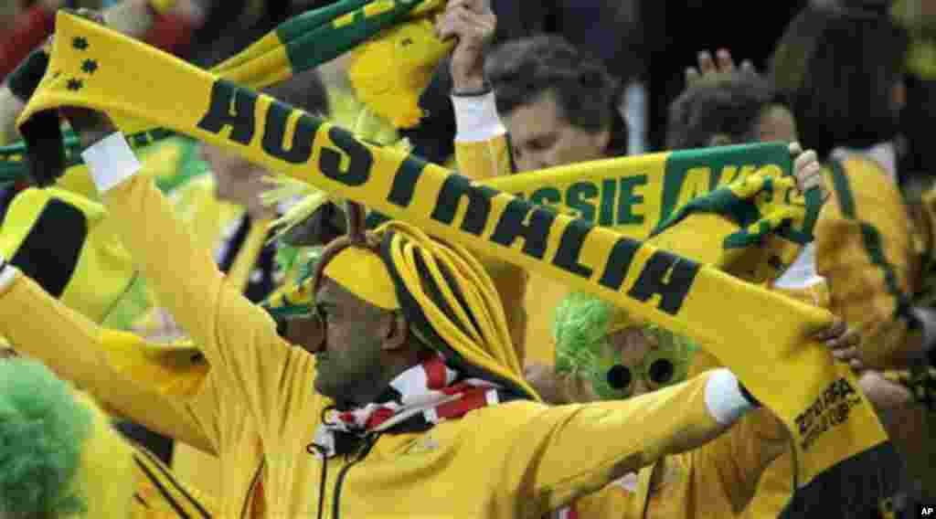 Australian fans cheer prior to the World Cup group D soccer match between Germany and Australia at the stadium in Durban, South Africa, Sunday, June 13, 2010. (AP Photo/Julie Jacobson)