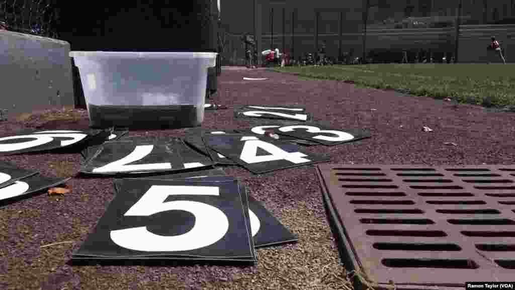 The Harlem RBI scoreboard, located in the outfield, requires manual adjustments, New York, Aug. 12, 2016.