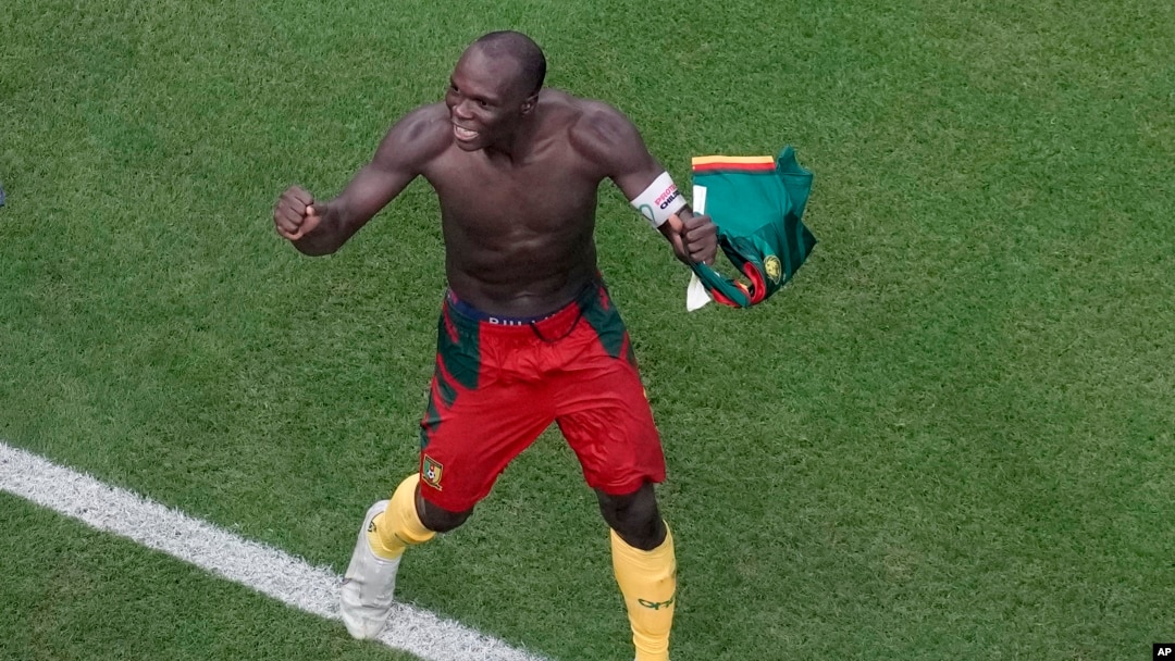 FILE — Cameroonian Forward Vincent Aboubakar celebrates after scoring the opening goal against Brazil during the World Cup group G match, Dec. 2, 2022.