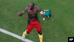 FILE — Cameroonian Forward Vincent Aboubakar celebrates after scoring the opening goal against Brazil during the World Cup group G match, Dec. 2, 2022.