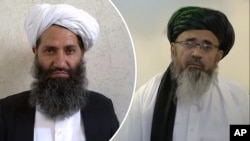 Pemimpin tertinggi Taliban, Hibatullah Akhundzada(kiri) dan Abdul Hakim Haqqani