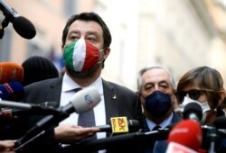 FILE - Italian far-right Lega party leader Matteo Salvini answers journalists' questions in Rome, Jan. 28, 2021.