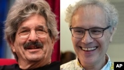 This photo combo shows 2024 Nobel Prize winners in physiology or medicine Gary Ruvkun, American molecular biologist, left, and Victor Ambros,, Oct. 7, 2024, in Newton, Mass. (AP Photo/Steven Senne)