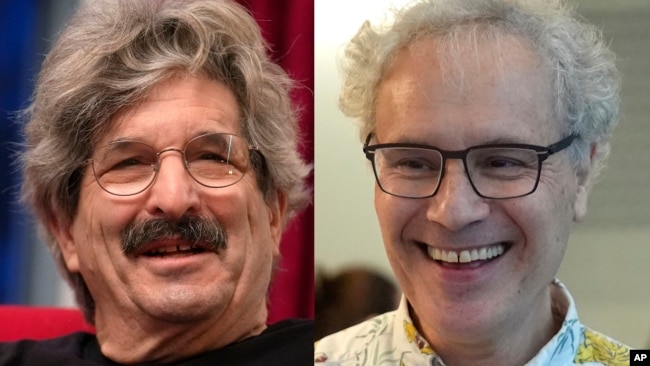 This photo combo shows 2024 Nobel Prize winners in physiology or medicine Gary Ruvkun, American molecular biologist, left, and Victor Ambros,, Oct. 7, 2024, in Newton, Mass. (AP Photo/Steven Senne)