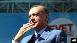 FILE - Turkey's President Recep Tayyip Erdogan gestures as he addresses his supporters during a referendum rally in Sanliurfa, Turkey, April 11, 2017.