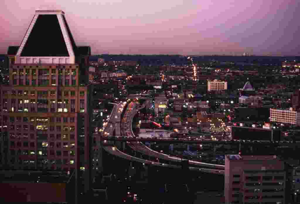 Looking north at dusk from the roof of the World Trade Center.