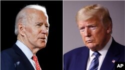 Combinación de fotos del exvicepresidente Joe Biden y del presidente Donald Trump, el primero en Wilmington, Delaware, el 12 de marzo de 2020, el segundo en la Casa Blanca el 5 de abril de 2020.